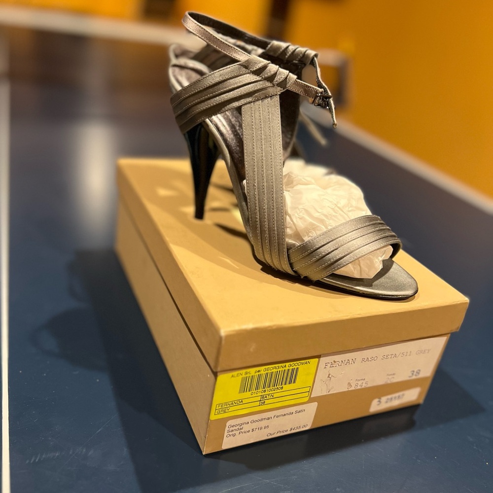 Brand new grey satin sandals by Georgina Goodman